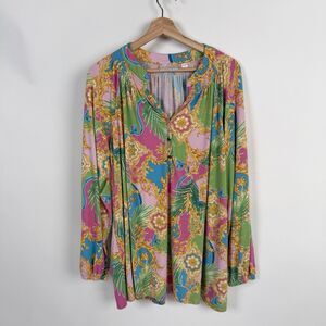 Kim Gravel Belle Split V Neck Tunic Womens 1X Multi Tropical Print Boho Chic Top